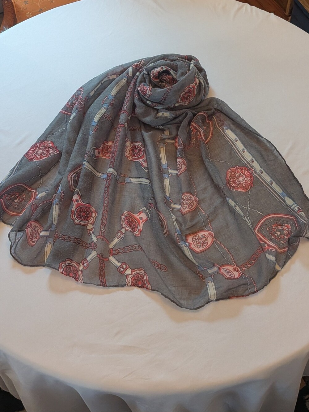 Lightweight Grey Scarf with Pink Chain & Medallion Print